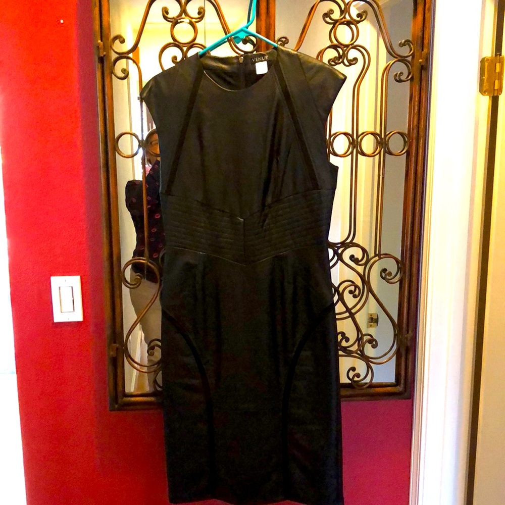 Black faux leather pencil midi dress